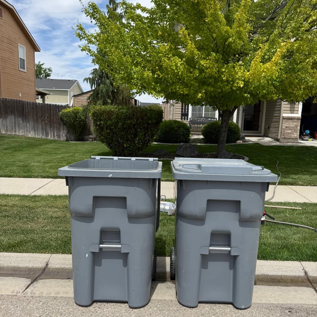 Two clean trash bins on a curb in front of a neighborhood home